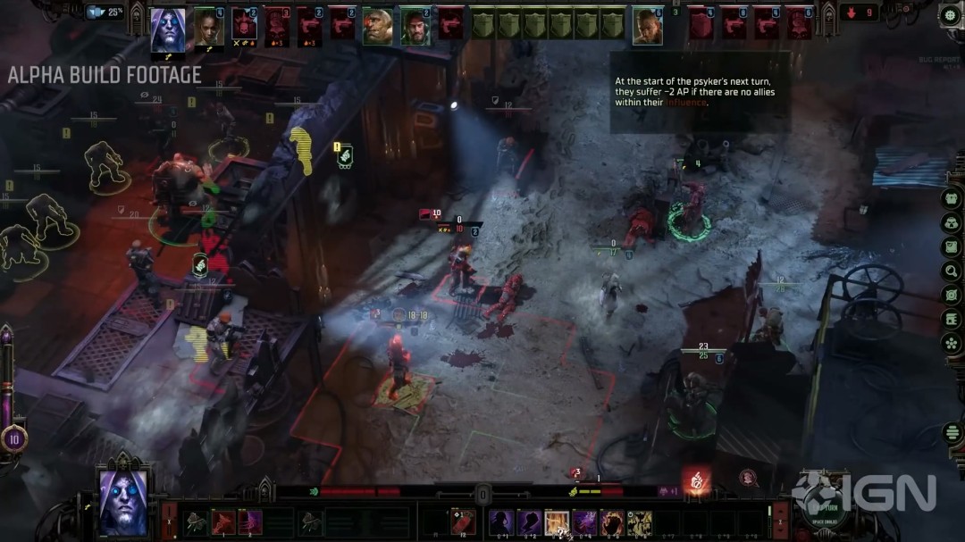 游戏内动态叙事界面特写：左侧为三名队员实时情绪状态条（士气/恐惧/忠诚），右侧弹出分支对话树，选项文字浸染不同色调——金色代表虔诚、暗红代表激进、幽紫代表混沌诱惑