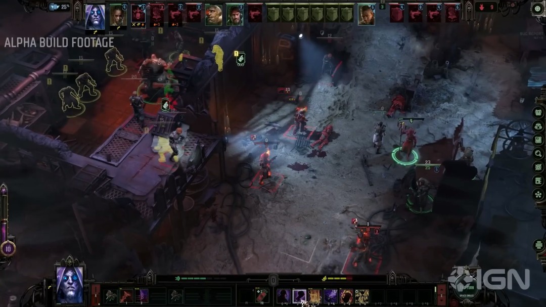 回合制战斗场景：俯视角战术地图上，老兵蹲伏掩体后精准点射，克鲁特跃至高台发动扑击，灵能者周身环绕扭曲能量波纹，敌方混沌战士正因恐惧检定失败而瘫软在地