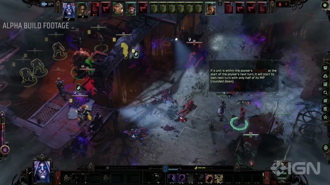 UI界面展示：战斗中悬浮的弱点分析框（标红‘动力脊柱’）、实时跳动的士气数值条（当前值63%）、底部技能栏含‘圣言净化’‘神经毒剂注射’‘亚空间裂隙’三个高风险高回报技能图标