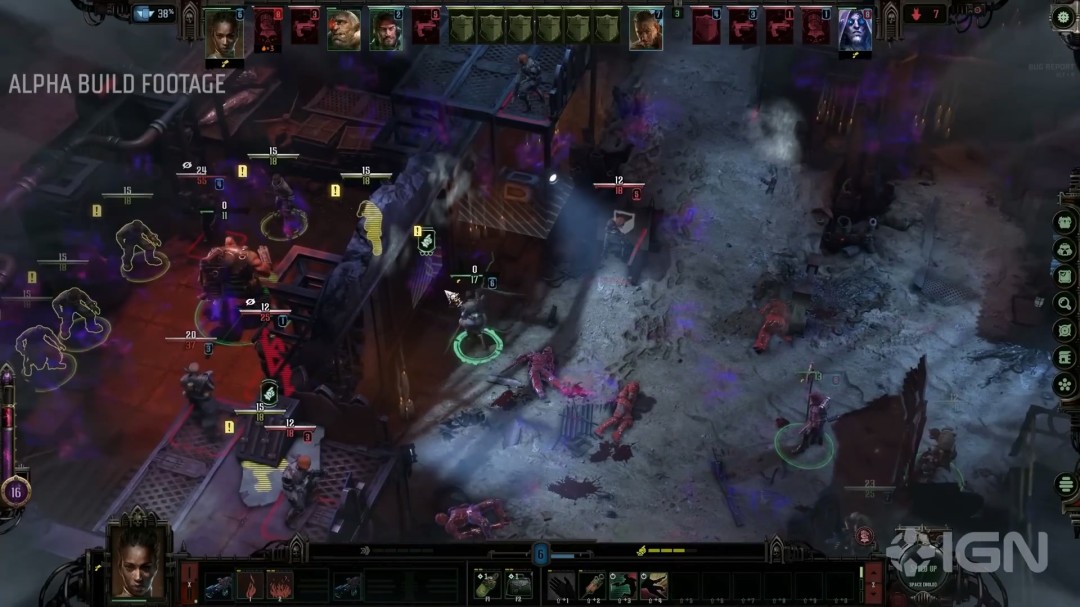 角色创建界面：左侧为审判官侍仆基础属性面板（信仰/洞察/威慑等），右侧滑动展示六种起源背景（修道院世界学者、禁军退役教官、灵能收容所幸存者等）及其独特起始装备与初始关系网