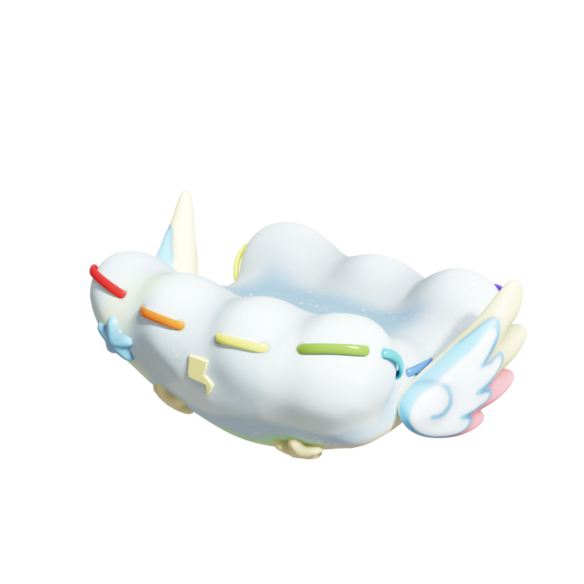 云宝彩虹椅3D展示：流线型座椅主体呈渐变蓝紫色，扶手处镶嵌闪电图标，启动时后方喷射螺旋状彩虹粒子流，地面留下短暂虹光轨迹