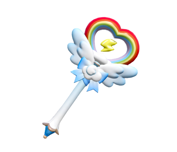 云宝魔法棒配饰细节：短杖顶端悬浮旋转彩虹球，杖身缠绕银色星链，挥动时拖曳细碎星光尾迹