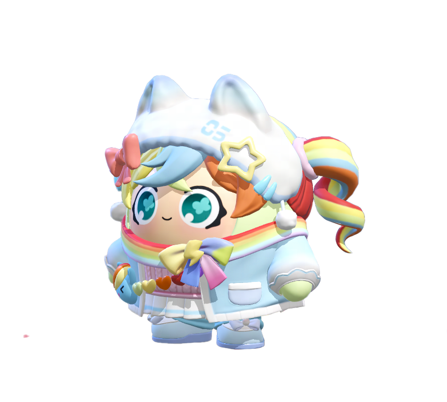 蛋小绿-彩虹云宝幻想外观：蛋仔本体化身为迷你云宝，通体覆盖虹彩鳞片，双翼展开如蝶翼，脚下踏着压缩版彩虹云，周身萦绕高速旋转的星环