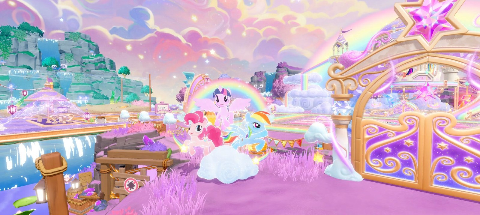 友谊雕像互动场景：三座小马铜像围成圆环，中间悬浮发光水晶球，玩家站定后雕像双眼亮起，水晶投射出友谊主题全息动画