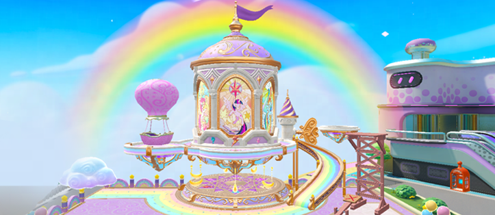 蛋仔岛联动区域全景：热气球缓缓掠过岛屿上空，下方可见彩虹桥连接的糖果屋群、漂浮书本组成的云朵、以及正在喷发彩色糖霜的火山，整体画面如童话绘本般绚丽