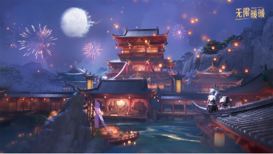 万相境实景探索画面：暖暖正站在半透明水晶桥上俯瞰下方层层叠叠的悬浮岛屿，远处有发光鹿群掠过云层，背景可见巨型敦煌藻井纹样穹顶