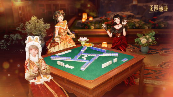 火锅坊玩法界面特写：暖暖站在古风灶台前，面前悬浮着动态食材图鉴与顾客心情气泡，锅中热汤翻滚升腾出金色粒子特效