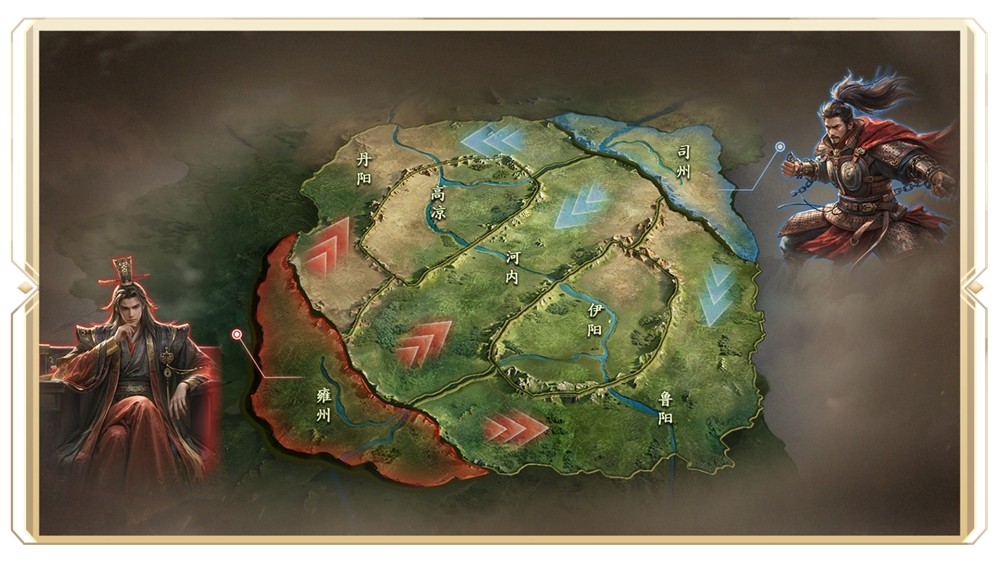 「两魏五战」新赛季全景地图，三路交战区清晰划分，上中下三条主直道纵横交错，连接多座军事堡垒与势力城池，整体呈现棋盘式战略布局
