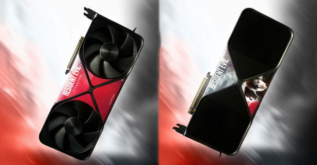 英伟达英国官推发布的RTX 5090定制显卡实物图：黑色PCB基板上印有《生化危机9：安魂曲》血色标题LOGO与T病毒螺旋纹样，散热器侧边嵌入发光‘RACCOON CITY’蚀刻字样