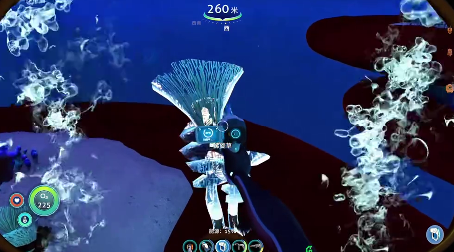 玩家角色手持发光小刀贴近螺旋草茎部进行精准切割，刀锋划过时溅起细碎荧光粒子，背景为半透明水母组织壁