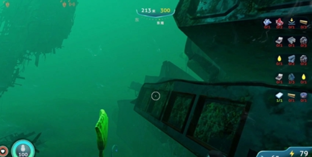 俯视地图视角标注：红色箭头指向深泽火山口东南裂谷，紫色光点密集分布于紫水晶矿脉沿线，蓝色信标图标闪烁于沉船残骸旁