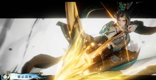 伽罗‘沧流箭’技能特效演示动图：二技能射出的日轮与月轮呈阴阳鱼轨迹旋转飞行，大招蓄力时背景水墨层叠涌动，最终爆发为一轮金阳与一弯银月交辉的震撼画面