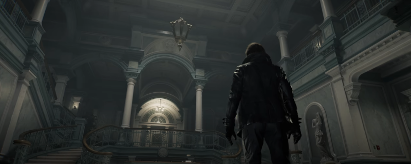 《生化危机9：安魂曲》游戏实机画面：主角里昂手持巨型火箭筒对准崩塌走廊尽头的巨型变异Boss，爆炸火光映亮其坚毅侧脸，背景碎石飞溅，UI右上角清晰显示‘INSANITY MODE’与‘INFINITE ROCKET LAUNCHER’状态图标