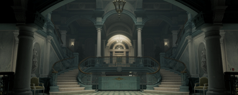 《生化危机9：安魂曲》游戏实机画面：昏暗疗养院走廊中，格蕾丝手持手电筒警觉前行，墙壁渗出暗红血迹，远处阴影里隐约浮现扭曲感染者轮廓