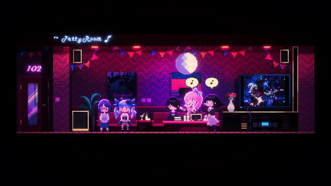 角色互动场景：心优系着围裙在咖啡厅厨房煎蛋，灶台热气升腾，背景黑板写着当日特餐‘魔法天使咖喱饭’