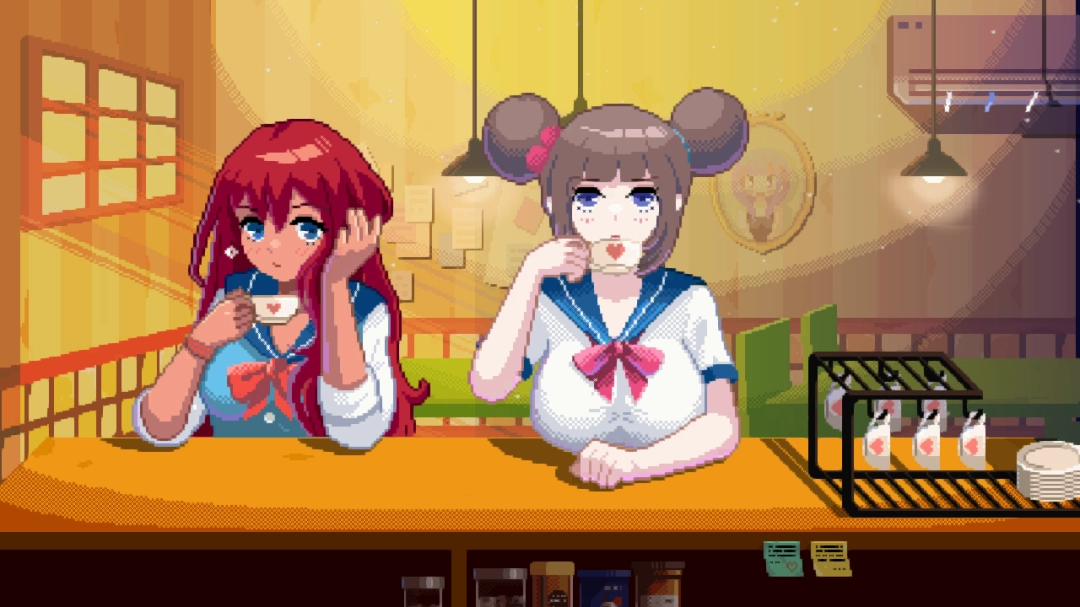 联动彩蛋截图：白穿着《拳皇97》草薙京队服端咖啡，背景电视正播放KOF比赛画面，桌上放着《合金弹头》M134机枪造型糖罐