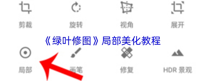 《绿叶修图》App界面特写，主屏幕显示一张人像照片，右下角悬浮‘局部调整’工具图标，界面简洁无冗余元素