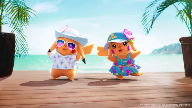 《宝可梦风/波》预告片开场动画截图：经典黄皮皮卡丘慵懒躺在沙滩椅上晒太阳，背景是椰林与碧海蓝天