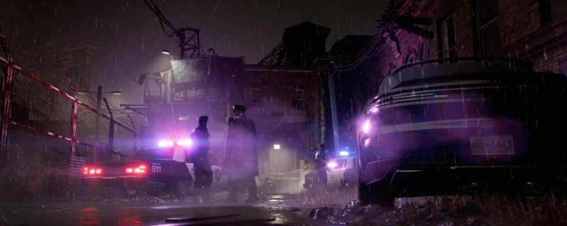 《生化危机9：安魂曲》游戏实机画面：阴冷废弃教堂内部，主角持手电筒缓步前行，墙壁渗水、血迹斑驳，远处隐约浮现扭曲人形剪影，光影对比强烈，氛围压抑窒息