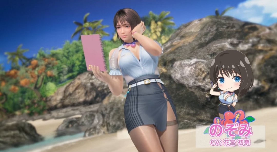 希实首次亮相维纳斯群岛海滩的官方宣传图，身着钴蓝色比基尼，长发随风轻扬，面带自信微笑，背景是阳光明媚的椰林与碧海蓝天