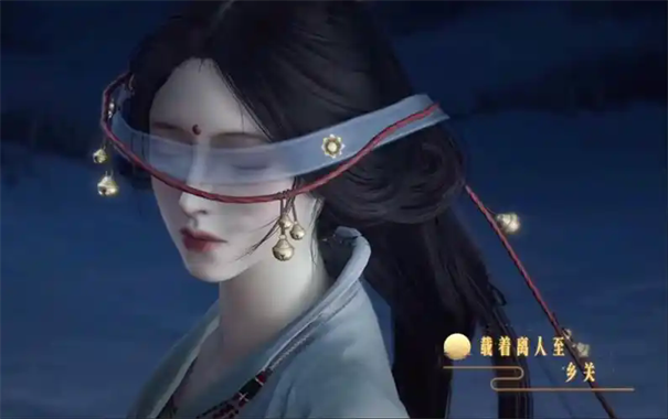 游戏特写镜头：饮马桥头青石地面，一面素白旗帜斜插于裂痕之间，背景虚化处可见断垣残壁与飘零枯叶，光影低沉肃穆