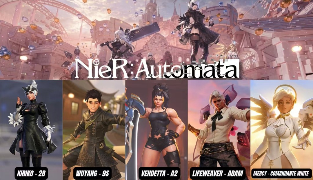 五款联动皮肤高清渲染图拼接，从左至右依次为亚当主题花男、A2主题斩仇、9S主题无漾、2B主题雾子、寄叶指挥官主题天使，背景统一采用锈蚀齿轮与樱花飘落交织的赛博末世风