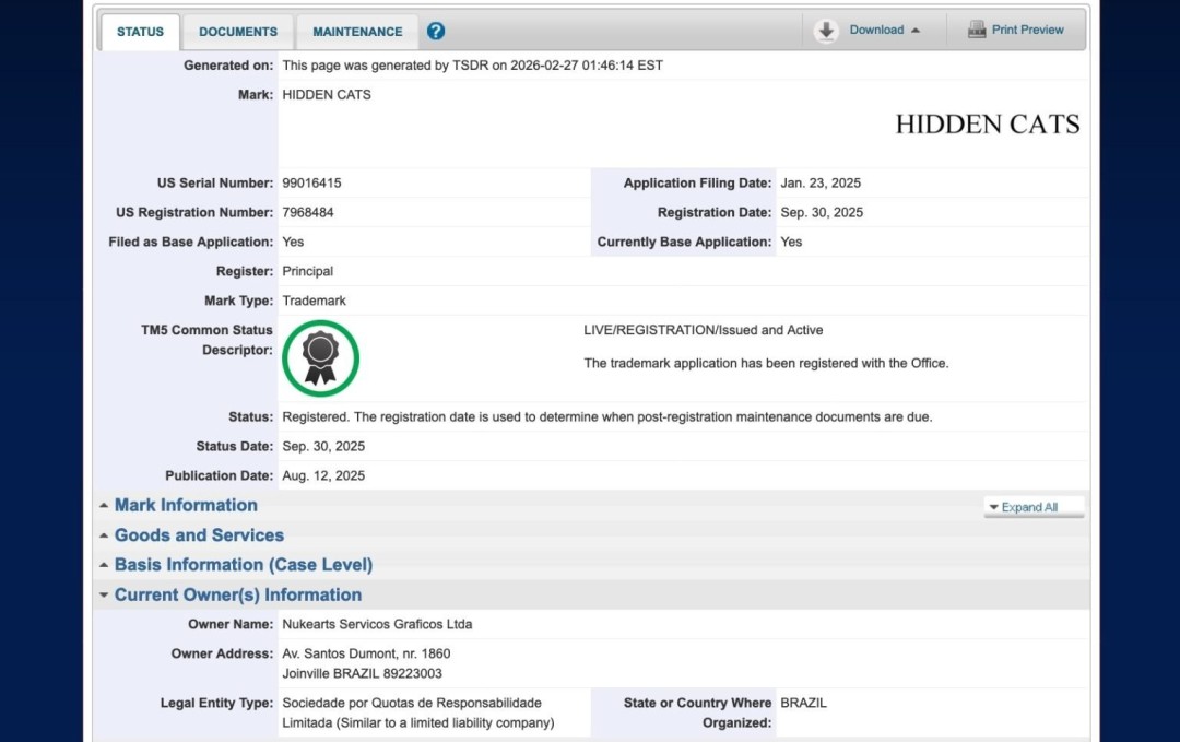 Nukearts Studio开发的《Hidden Cats》游戏主视觉图，画面为高饱和度插画风，多只形态各异的猫咪巧妙隐藏在繁复图案中，UI界面标注‘Find All the Cats!’标语
