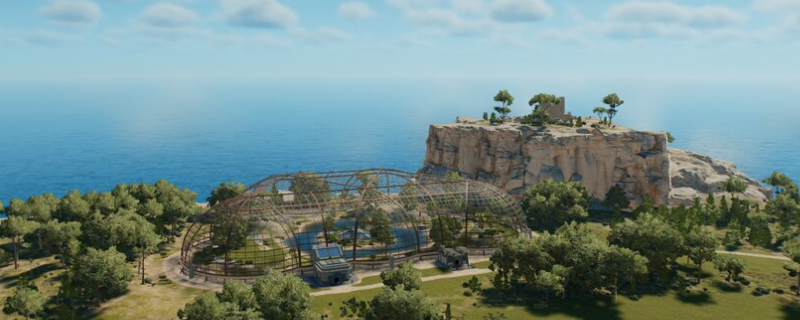 《侏罗纪世界：进化3》中阿克罗卡恩托龙三维模型特写，灰绿色鳞甲覆盖强健躯体，背部延伸出一列显著但未过度夸张的神经棘，头部低俯呈狩猎姿态，背景为泛滥平原地貌