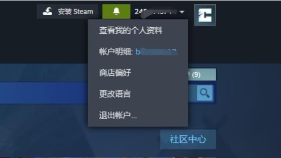 Steam网页端右上角显示蓝色头像图标，鼠标悬停后弹出下拉菜单，包含‘我的资料’选项