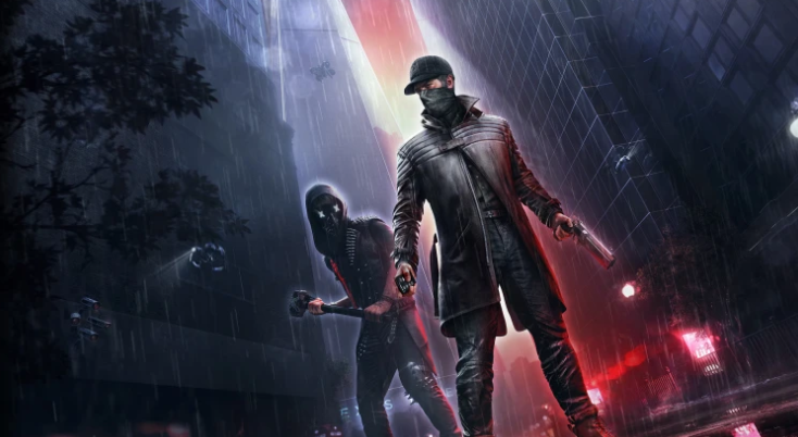 《看门狗：军团》导演剪辑版概念渲染图：霓虹笼罩下的伦敦市中心，多角色剪影并肩而立，背景屏幕滚动着加密数据流与‘DIRECTOR’S CUT’发光字样