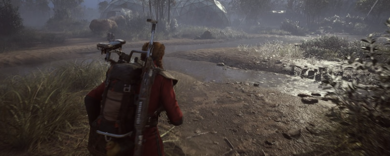 《ARC Raiders》游戏内UI界面特写，左侧显示‘天气监测系统’主标题，右侧悬浮动态进度条标注‘大气压（1/5）’，背景为灰蓝色末世城市天际线与低垂云层