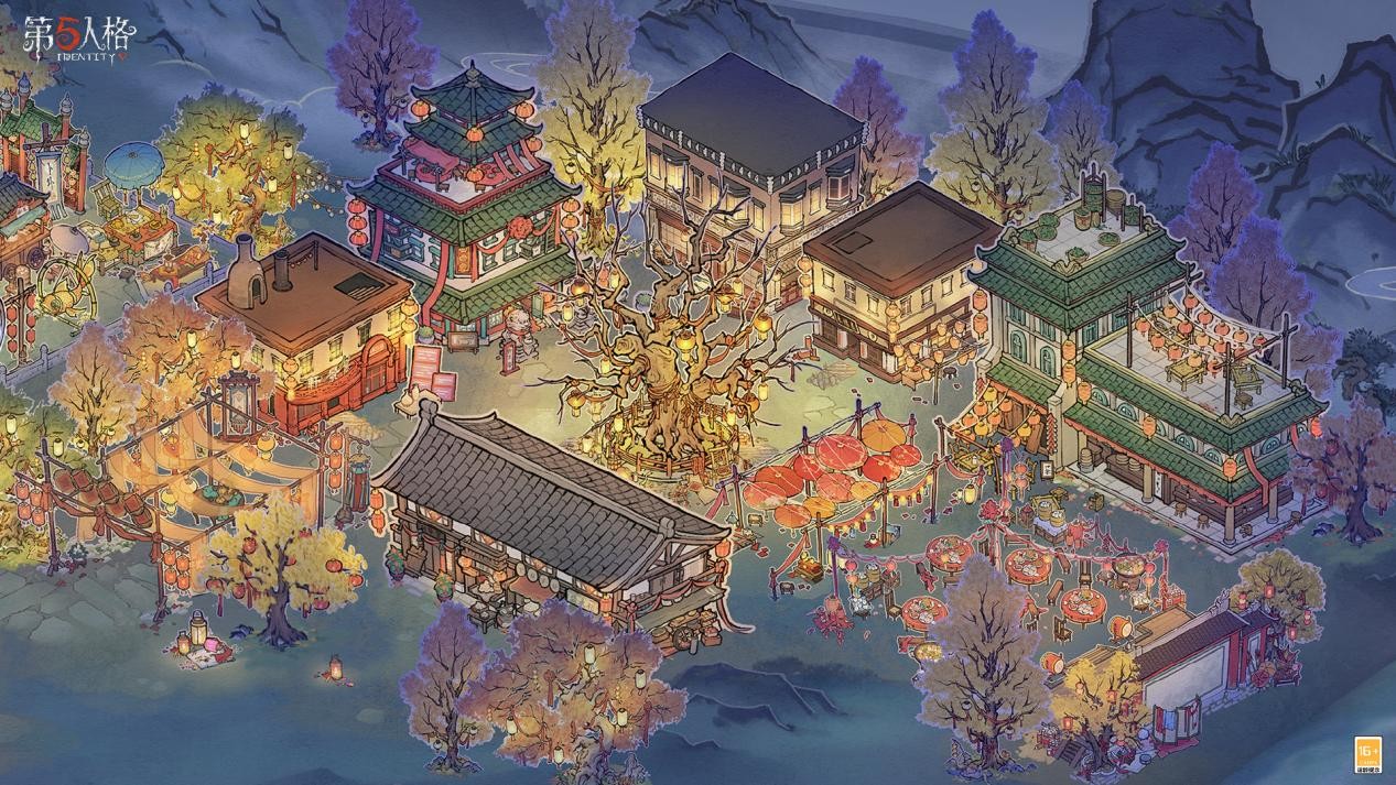 灯会自由搭建玩法演示图：界面左侧为可拖拽灯笼/摊位/装饰组件栏，右侧为3D俯视角唐人街地图，玩家正将一盏麒麟造型花灯放置在牌坊旁