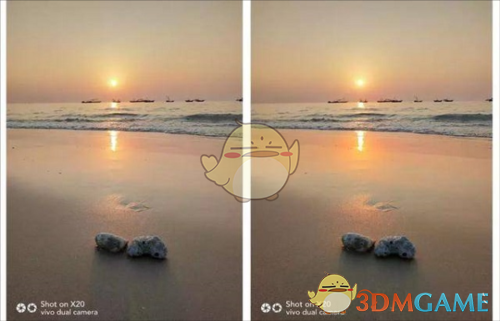 左右对比图：左侧为原图，沙滩偏灰、天空色彩平淡；右侧为蒙版处理后效果，沙滩饱和度显著提升呈暖金色，天空保留丰富云层细节与柔和晚霞渐变