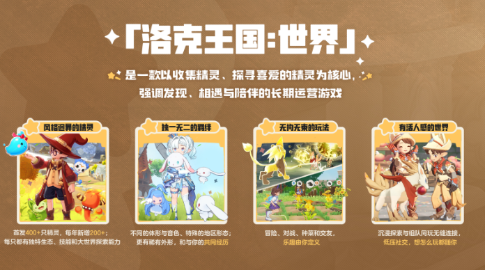 信息图展示三大体验维度：左侧‘全免收集’图标为破碎的付费锁链，中部‘浅养深形’为可自由更换服饰的精灵模型，右侧‘多端无界’为手机/平板/PC/主机环绕地球联动