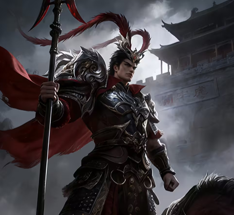 技能演示动图：缘吕布发动横威时，对手手牌区红桃牌灰显失效，同时伤害数字从1跳升至2，特效伴随烈焰爆裂音效