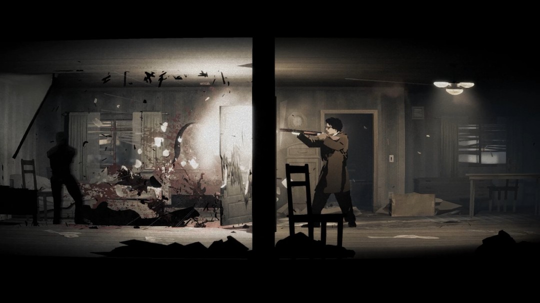 《银松镇》游戏主视觉图：阴云密布的荒凉小镇远景，破败木屋错落分布，远处教堂尖顶若隐若现，整体色调冷峻泛青，弥漫着不祥气息