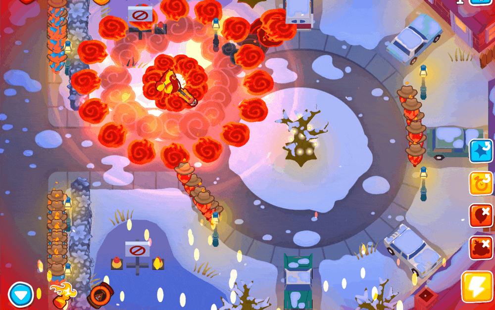 GIF动图：爆竹格温LV10终极技全屏释放——烟花拖尾升空、高空爆开为金色凤凰图案，火焰如雨倾泻覆盖全地图，所有气球同步燃烧并冒出焦黑特效