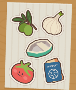 《面包日记》贴纸图鉴界面截图：第八张已点亮贴纸高清展示，背景为水彩质感的世界地图，细节处可见手写字体标注‘Olive·Garlic·Boat·Tomato·World’