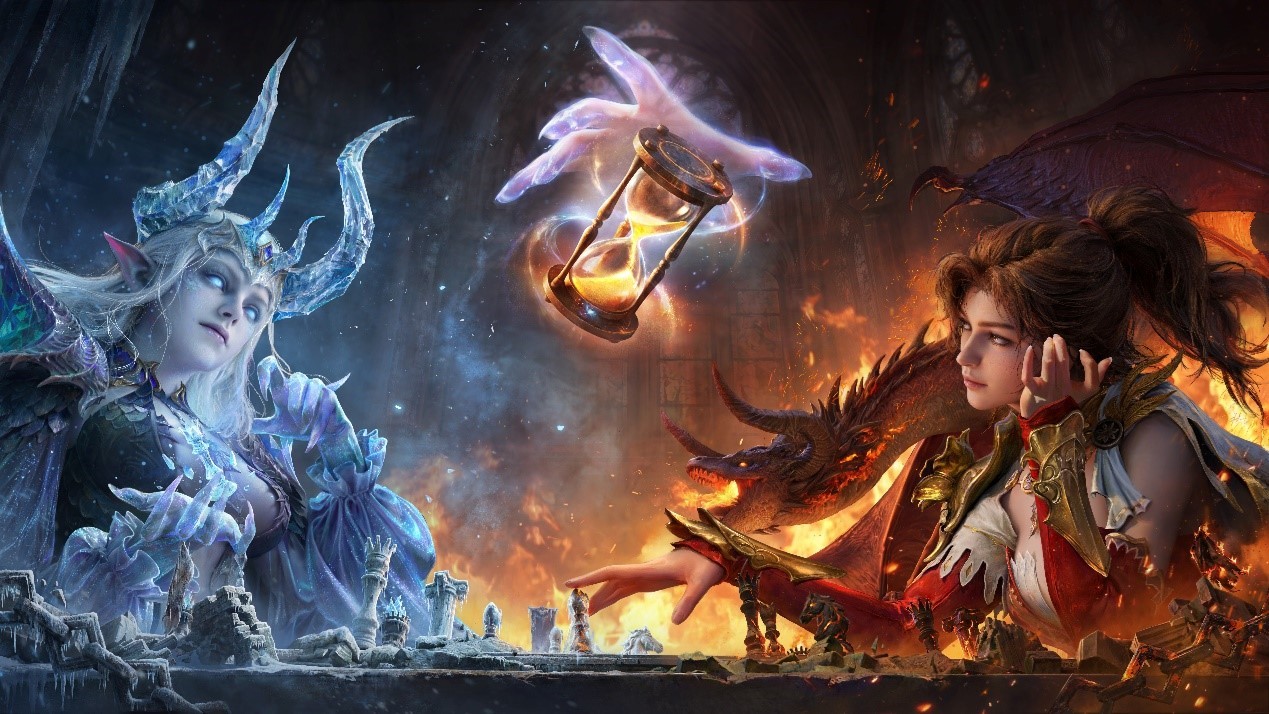 埃达西亚风格魔棋对战界面全景图：悬浮棋盘泛着幽蓝微光，六枚棋子呈弧形列阵，背景是云雾缭绕的古老石柱与星轨交织的穹顶