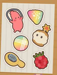 《面包日记》贴纸图鉴界面截图：第六张贴纸已点亮，下方清晰标注‘跳绳火腿肠｜香肠×3｜司康×3（不同口味）｜布列塔尼×3（不同口味）’，背景为烘焙工坊温馨场景