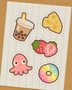 《面包日记》贴纸图鉴页面截图：左侧展示已点亮的前四张贴纸，右侧第五张贴纸呈灰暗状态，下方悬浮提示框逐条列出所需食材图标及数量——珍珠奶茶芝士挞×3、芝士×3、草莓×3、墨鱼汁芝士贝果×3、任意三种贝果各×1