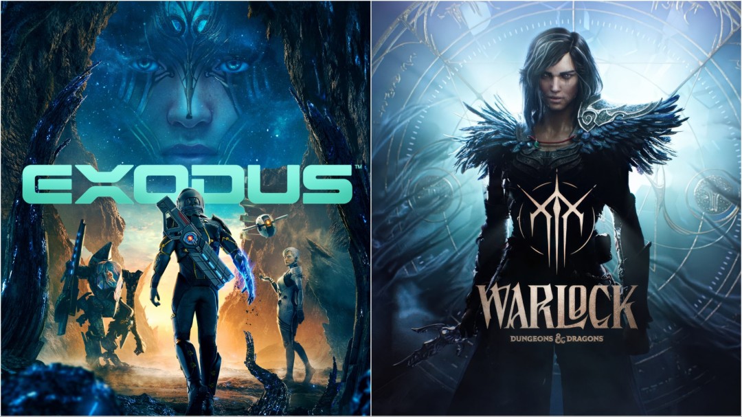 孩之宝CEO Chris Cocks在发布会现场发表讲话，背景大屏显示《Exodus》与《Warlock》双游戏LOGO交相辉映，氛围庄重而充满未来感