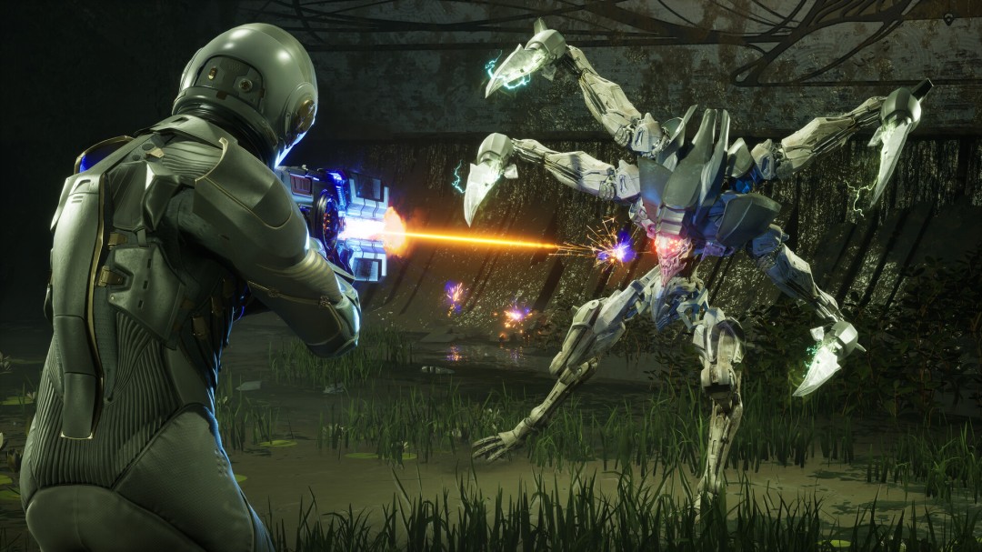 《大迁离》载具战场景：改装越野车飞跃峡谷，车顶炮台连续轰击空中辰族无人机群，爆炸火光映亮下方奔腾的熔岩河