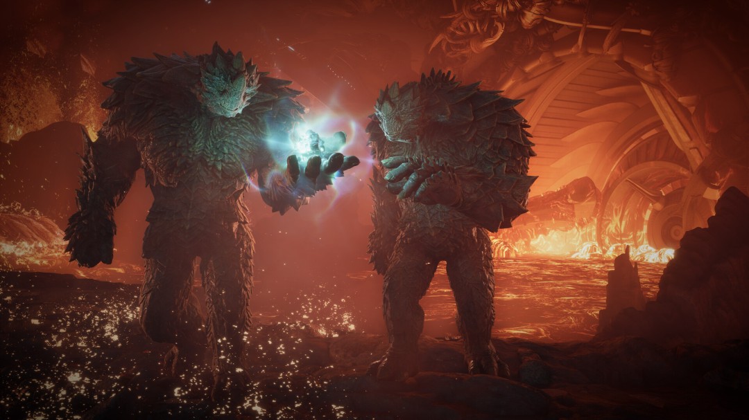 《大迁离》结局分支示意：三块悬浮碑文分别刻有‘同化’‘放逐’‘共存’，表面光影随玩家最终选择动态变化，暗示多重叙事终点