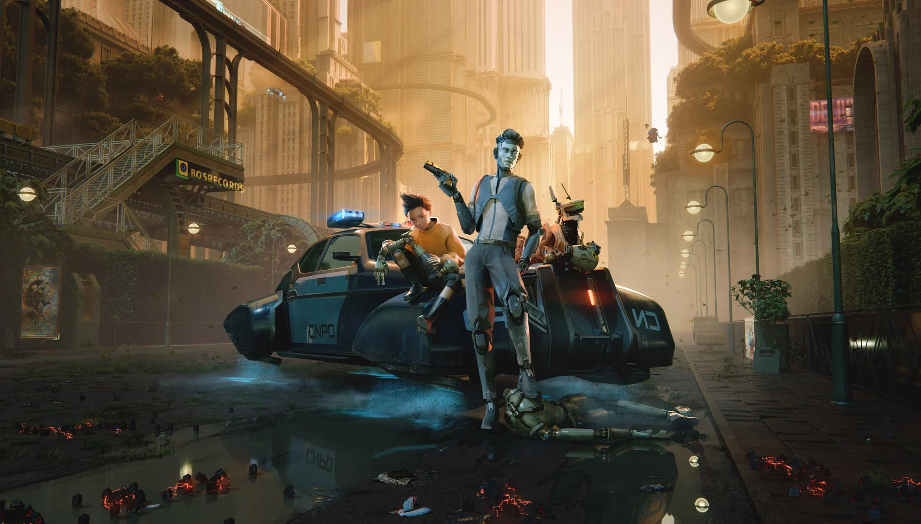 《人工侦探》游戏实机画面：主角机器人侦探立于高耸入云的装饰艺术风格摩天楼群前，霓虹闪烁，空中电车呼啸而过，背景天空悬浮着巨型失控机器人残骸