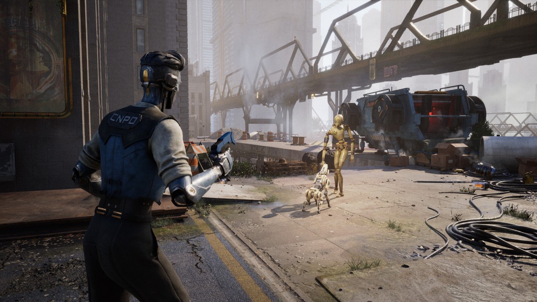 游戏UI概念图：左侧为DAWG状态面板（含忠诚度/技能树），右侧为莫格利手绘风格线索地图，中央悬浮着破损的‘人类文明’全息徽章