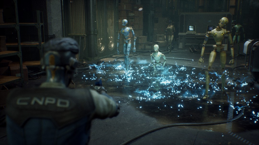 Boss战场景：主角在破碎的钟楼顶端与巨型齿轮形态AI对峙，背景是崩塌的市政厅穹顶与漫天飘落的纸质档案残页