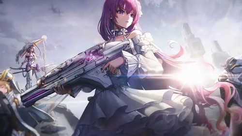 霰弹枪特化队示意图：托比位于阵型中央偏后，前方三名持不同型号霰弹枪的妮姬呈突击三角阵，弹道特效密集覆盖整个屏幕