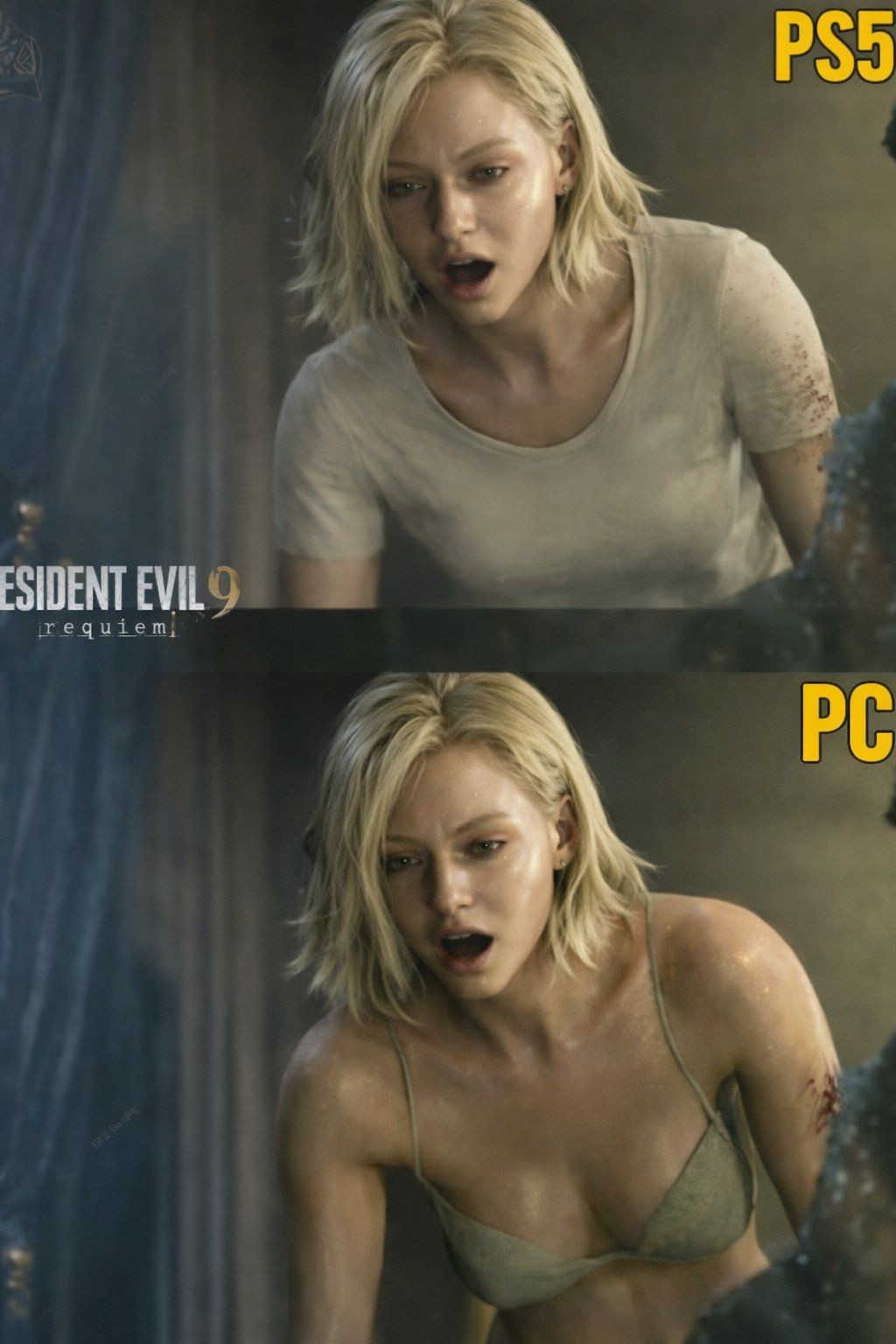 特写镜头下的PC Mod版格蕾丝，站在昏暗实验室走廊中，背景可见破损管道与应急红光，角色皮肤纹理细腻，内衣材质反光真实，整体氛围在性感与危险间取得微妙平衡