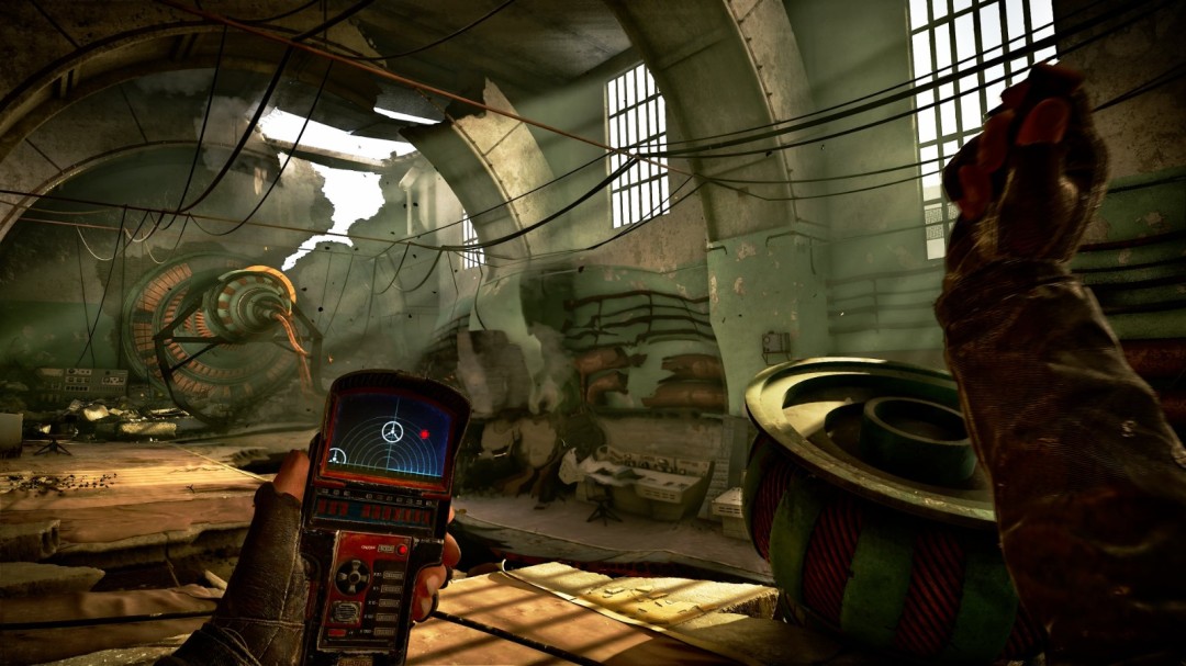 废墟场景特写：坍塌的反应堆大厅中，巨型机械残骸半埋于放射性尘埃，上方穹顶裂缝透下惨白光线，数只发光节肢异变体正沿钢梁快速爬行